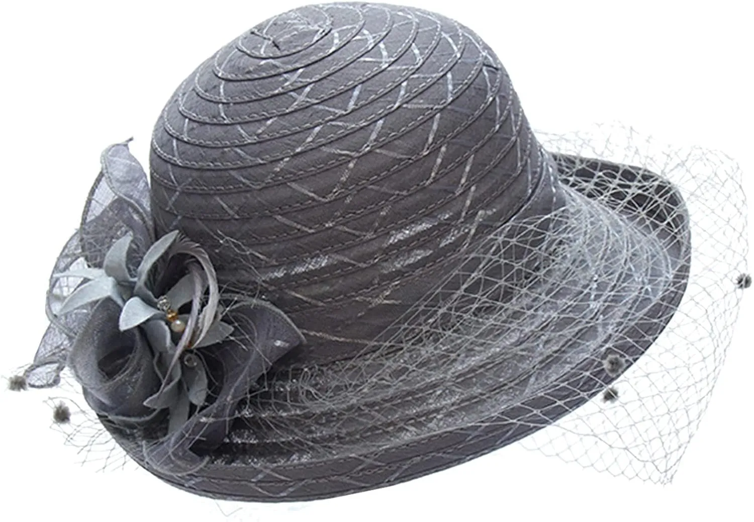 Womens 1920s Summer Sun Church Hats for Women Bucket Cloche Bowler Hat Vintage Cloche Round Hat with Flower Navy