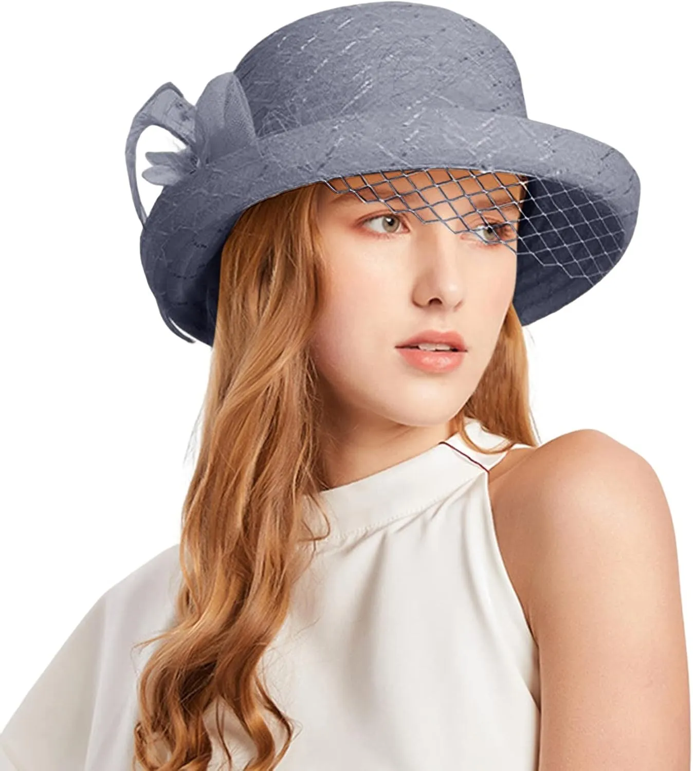 Womens 1920s Summer Sun Church Hats for Women Bucket Cloche Bowler Hat Vintage Cloche Round Hat with Flower Navy