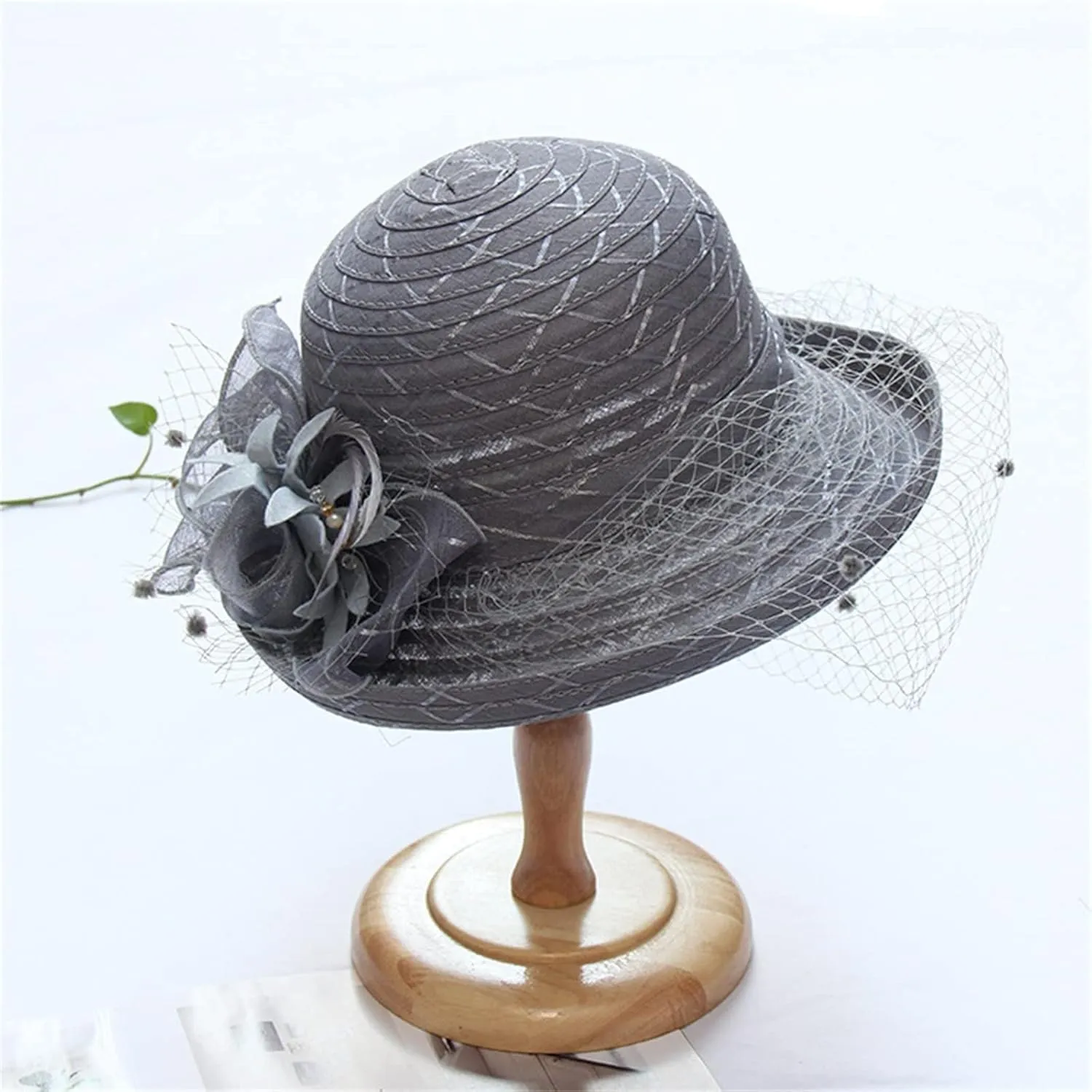 Womens 1920s Summer Sun Church Hats for Women Bucket Cloche Bowler Hat Vintage Cloche Round Hat with Flower Navy