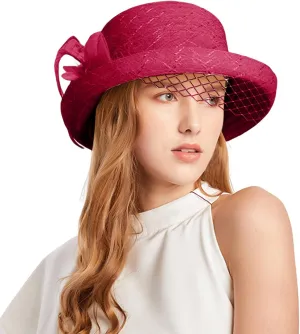 Womens 1920s Summer Sun Church Hats for Women Bucket Cloche Bowler Hat Vintage Cloche Round Hat with Flower Navy