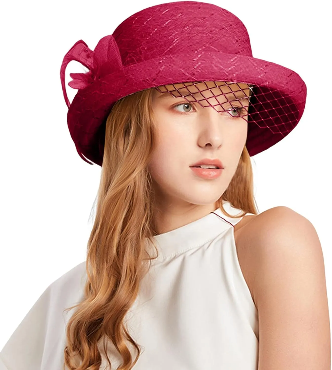 Womens 1920s Summer Sun Church Hats for Women Bucket Cloche Bowler Hat Vintage Cloche Round Hat with Flower Navy