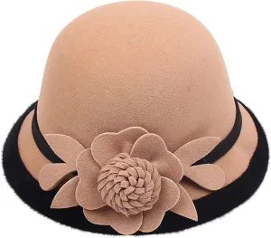 Women's 1920S Vintage Felt Cloche Hat Winter Warm Wool Fedora Bucket Hat Church Bowler Hat with Floral