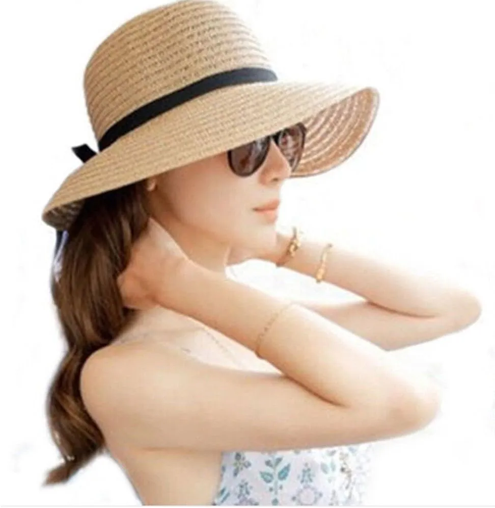 Womens Beach Sun Straw Hat Roll Up Large Brim Fedora Summer Beach Sun Hat Womens Wide Brim Straw Hat