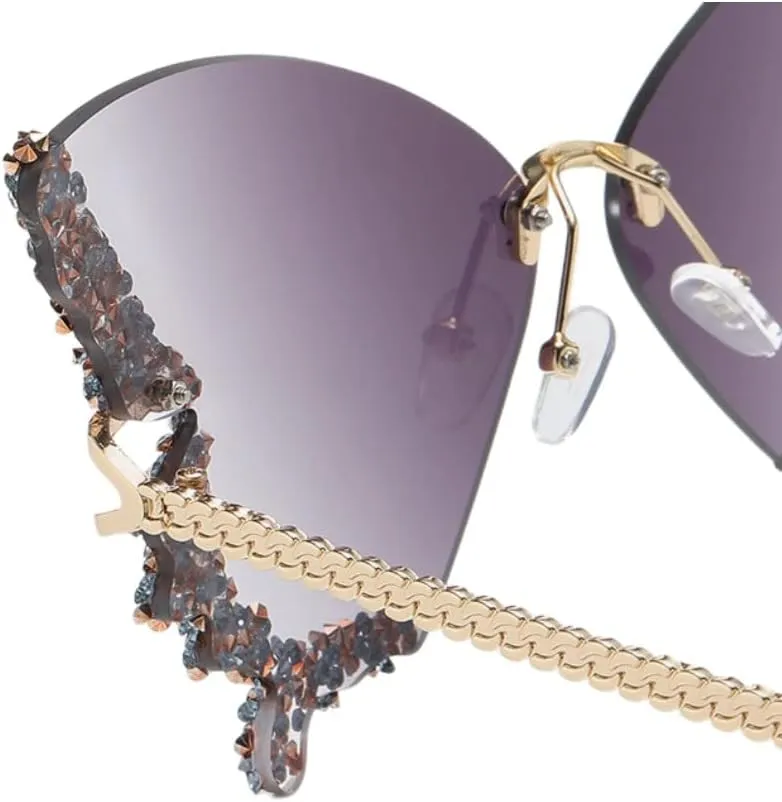 Women's Retro Classic Butterfly Shape Diamond Rimless Sunglasses UV Blocking Sunglasses