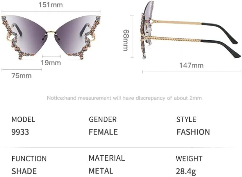 Women's Retro Classic Butterfly Shape Diamond Rimless Sunglasses UV Blocking Sunglasses