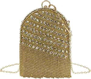 Women's Rhinestone Tassel Clutch Purse Crystal Ring Handle Evening Bag Elegant Wedding Prom Club Cocktail Party Handbag