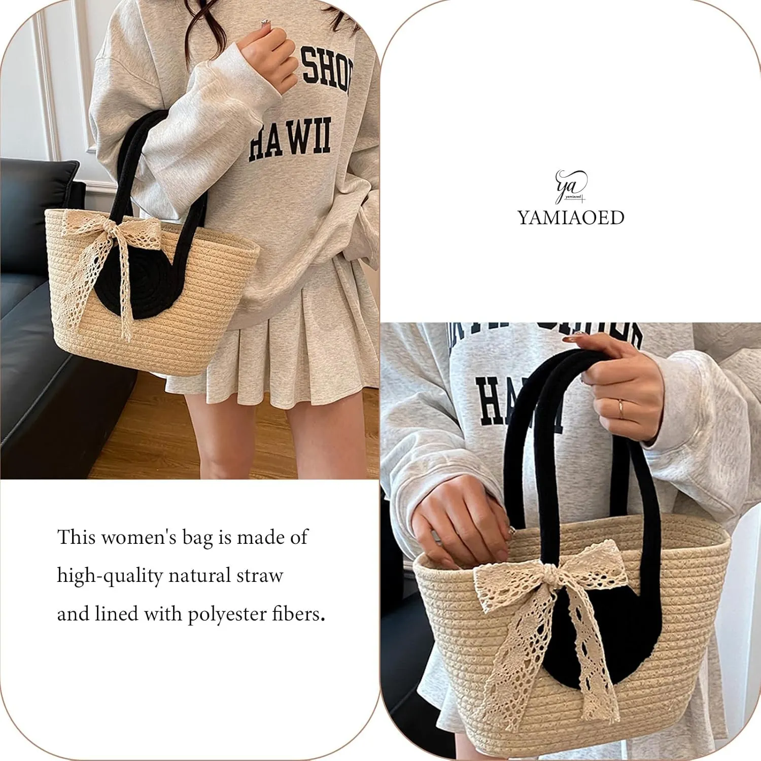 Women's Straw Beach Top HandleTote Bag Ideal Summer Top Handle Vintage Shoulder Handbag