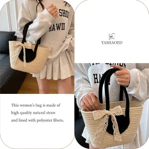 Women's Straw Beach Top HandleTote Bag Ideal Summer Top Handle Vintage Shoulder Handbag