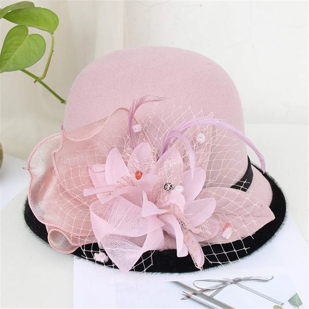 Womens Summer Winter Cloche Cap 1920s Vintage Church Dress Wool Felt Bucket Hats with Flowers Fashionable Elegant Hats