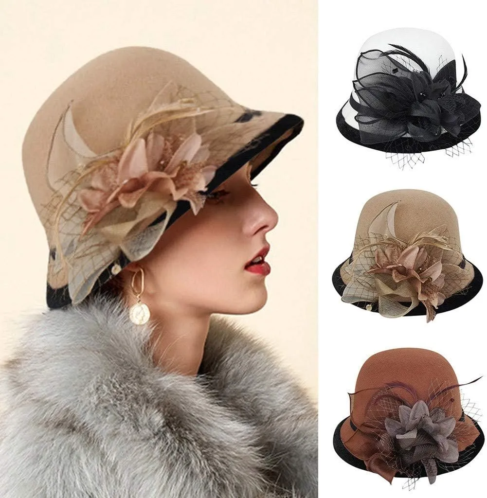 Womens Summer Winter Cloche Cap 1920s Vintage Church Dress Wool Felt Bucket Hats with Flowers Fashionable Elegant Hats
