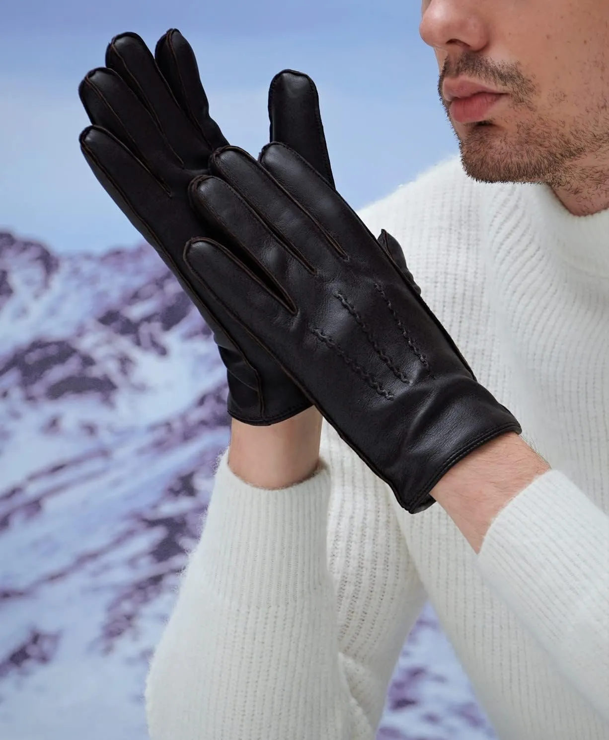 YISEVEN Winter Men's Touchscreen Warm Lambskin Leather Gloves