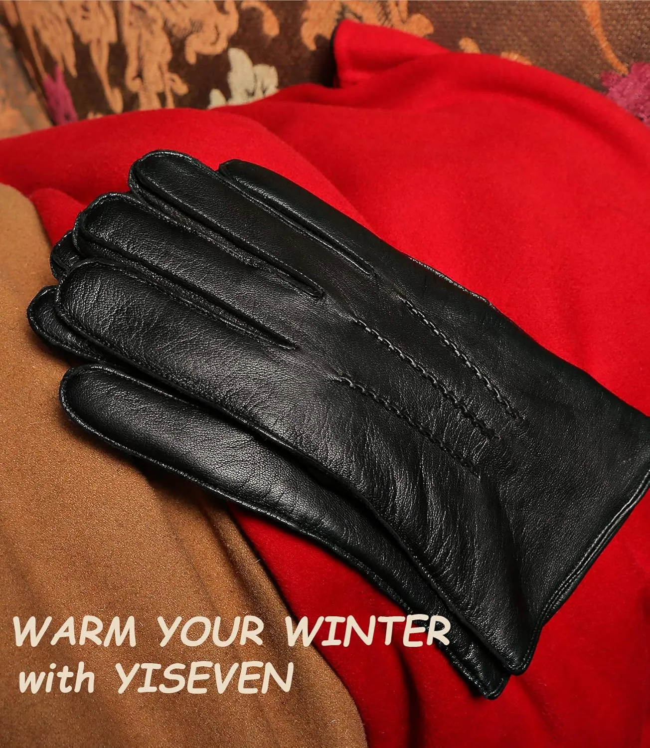 YISEVEN Winter Men's Touchscreen Warm Lambskin Leather Gloves