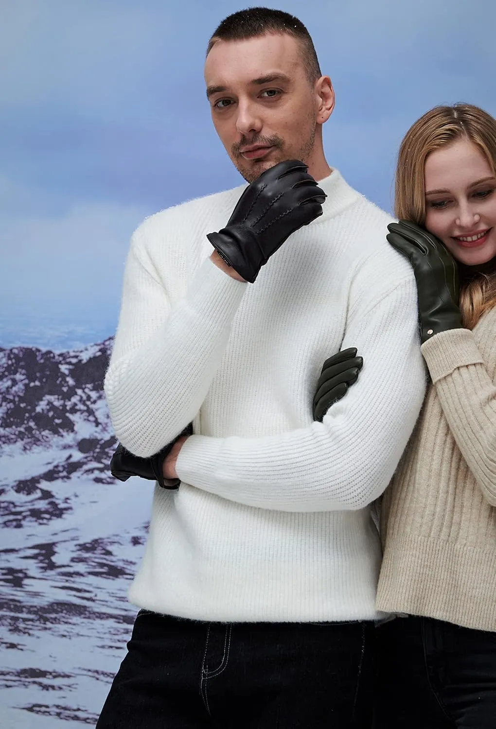 YISEVEN Winter Men's Touchscreen Warm Lambskin Leather Gloves