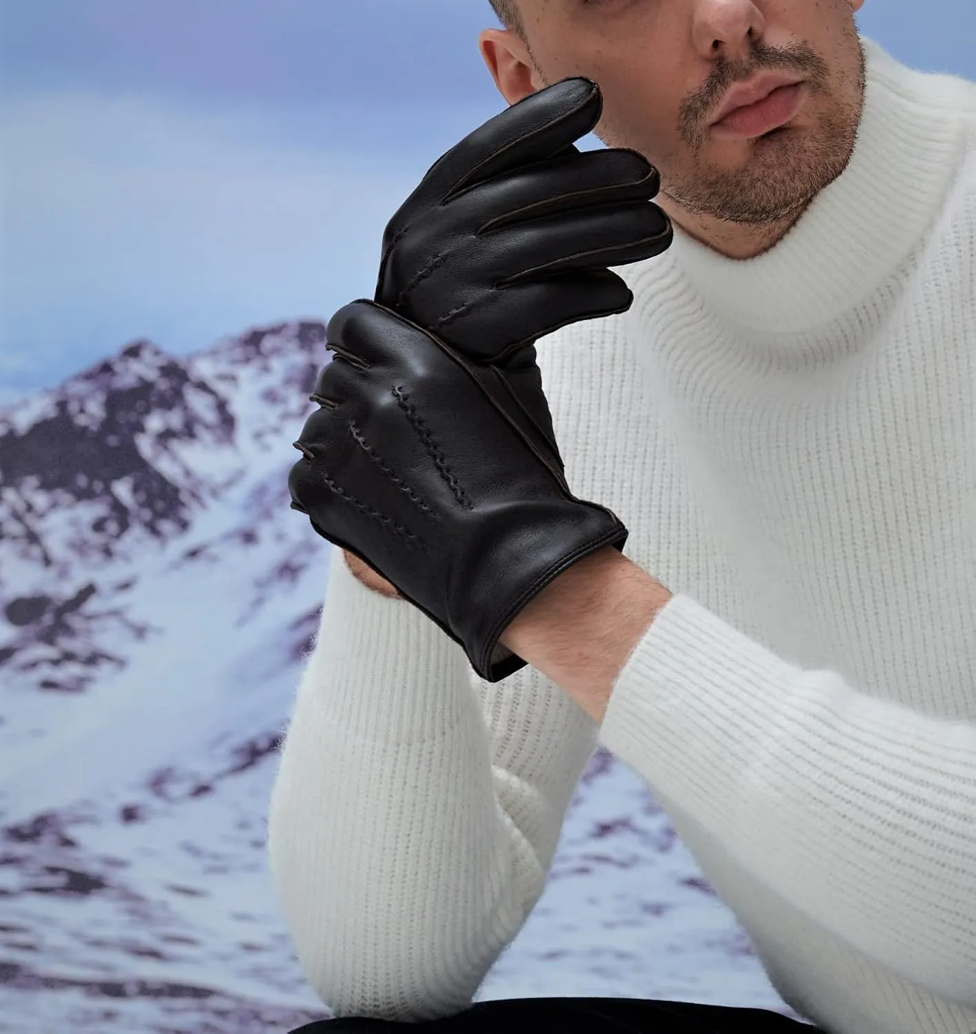 YISEVEN Winter Men's Touchscreen Warm Lambskin Leather Gloves